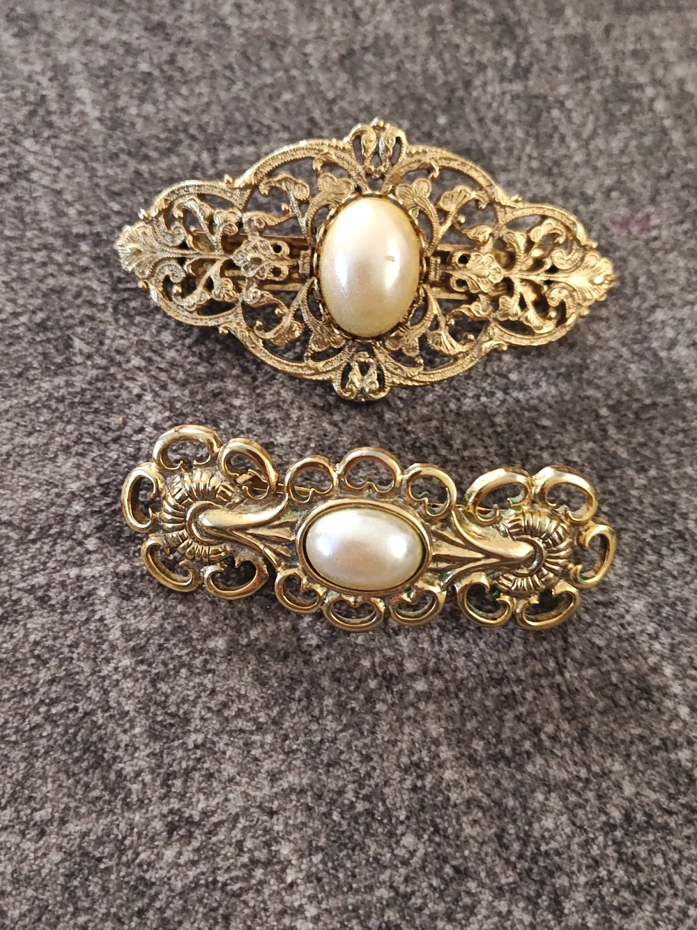 2 Victorian Style Antiqued Gold Tone Faux Pearl Bar Brooch Pins Made In France